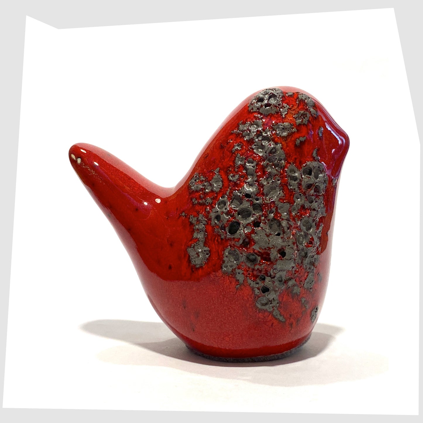 otto keramik ceramic bird sculpture in red with grey fat lava glaze.