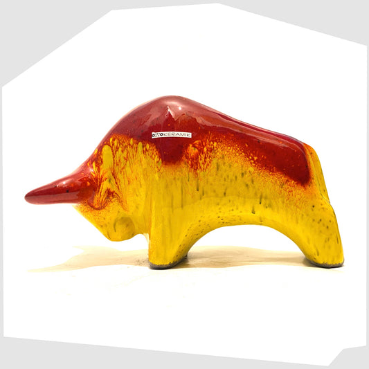 otto-keramik-ceramic-bull-in-red-over-yellow-drip-glaze