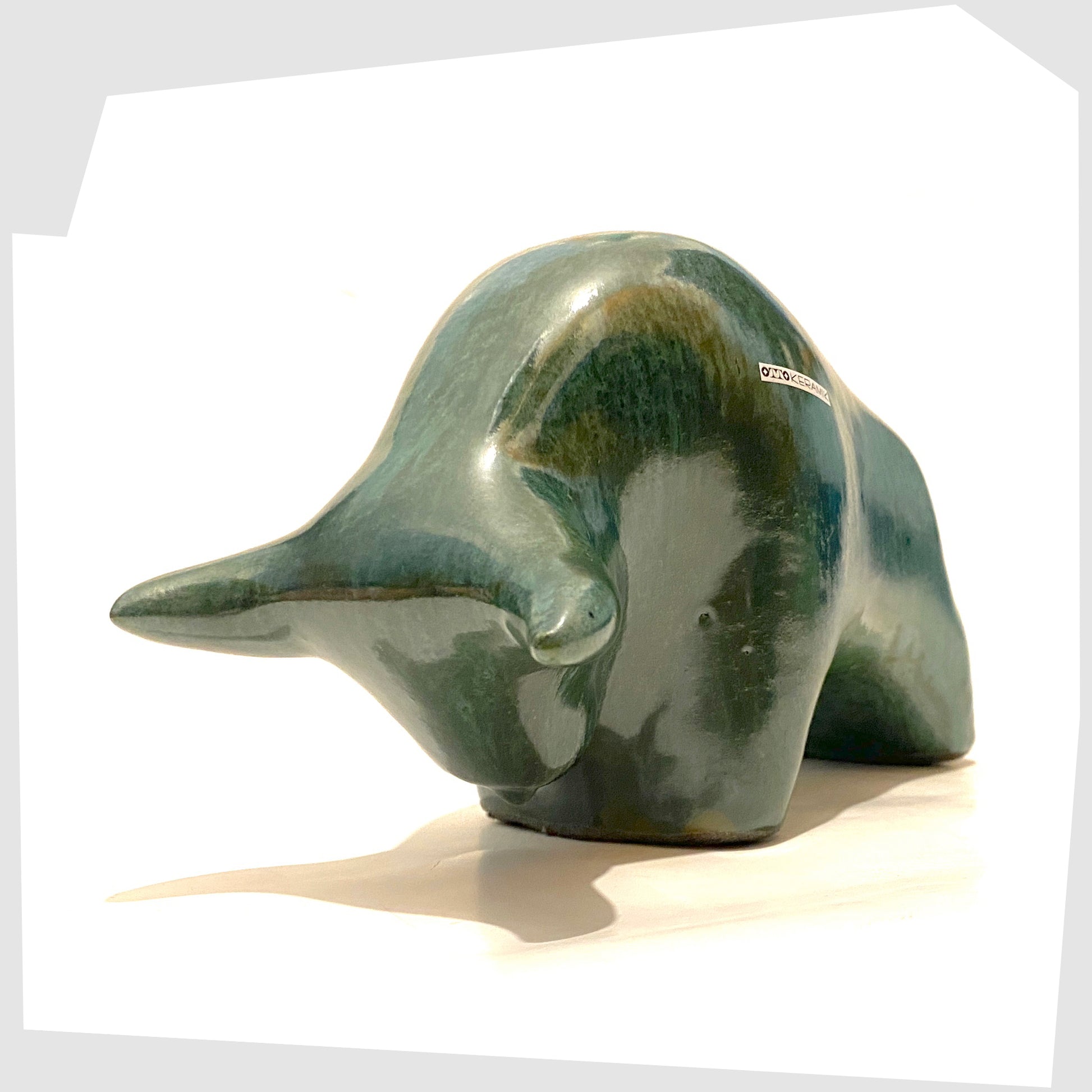 ceramic bull ornament by otto keramik in sea green drip glaze