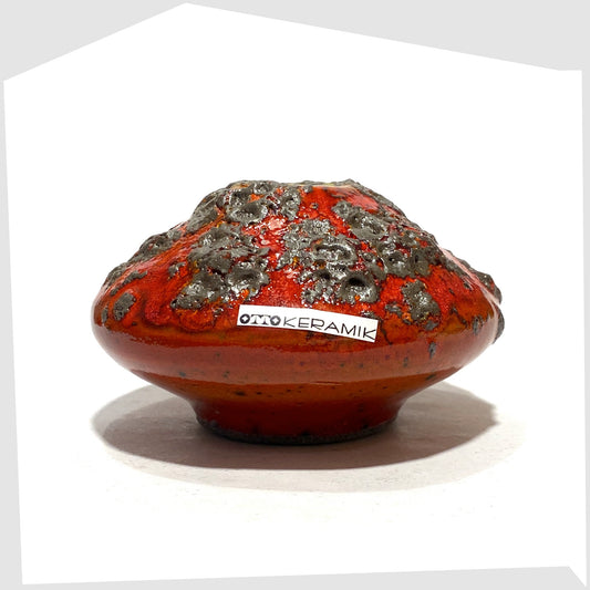 Otto Keramik 203 Vase in red glaze with yellow around the top rim, shown on a white background