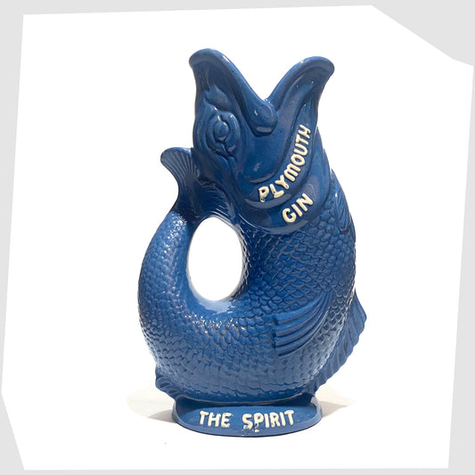 Dartmouth Pottery Plymouth Gin Gluggle in a sea blue glaze with white text around the spout and base