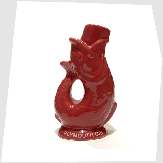 plymouth gin mini gluggle jug in a burgundy red glaze with plymouth gin text around the base