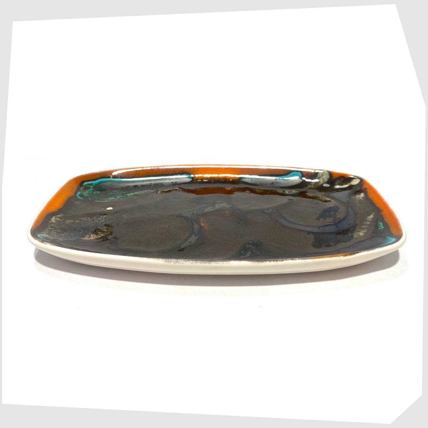 vintage poole pottery ceramic pin dish, glazed in the black, orange and teal delphis glaze