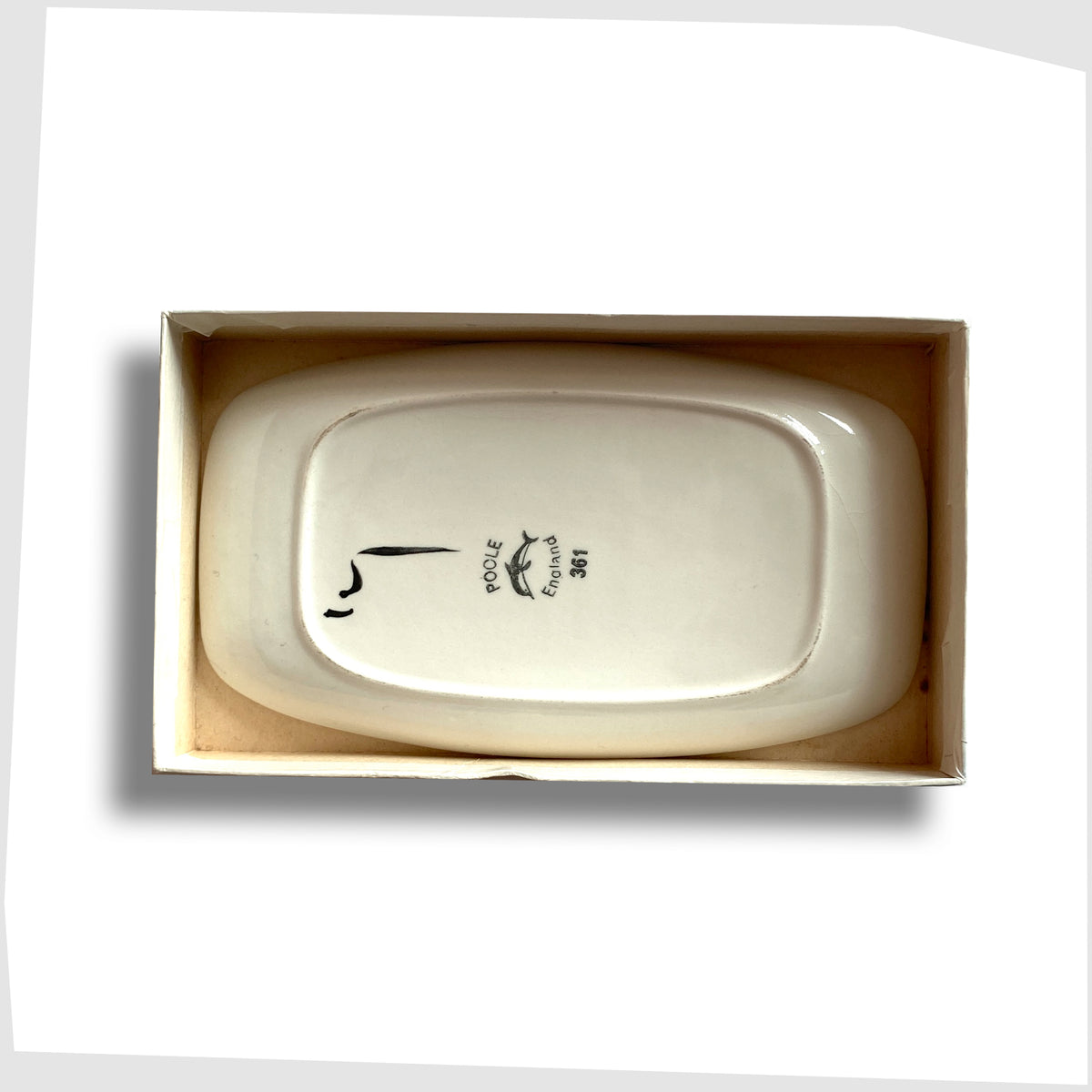 Rear of the Poole Pottery Delphis Pin Dish, Shape 361, by Lynn Gregory, shown on a white background