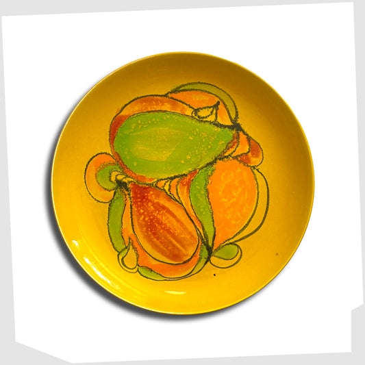 vintage Poole Pottery Delphis Plate, shape 4A, in a bold yellow glaze with flowing shapes of green, orange and red.