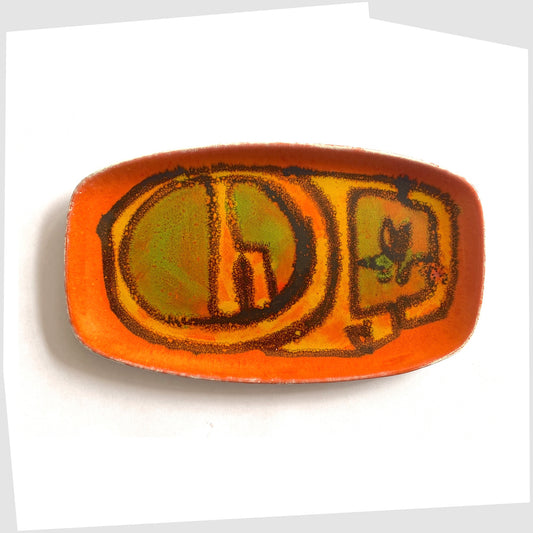 poole pottery delphis pin dish, shape 361, handpainted by Carol Cutter in an orange, green and yellow glaze