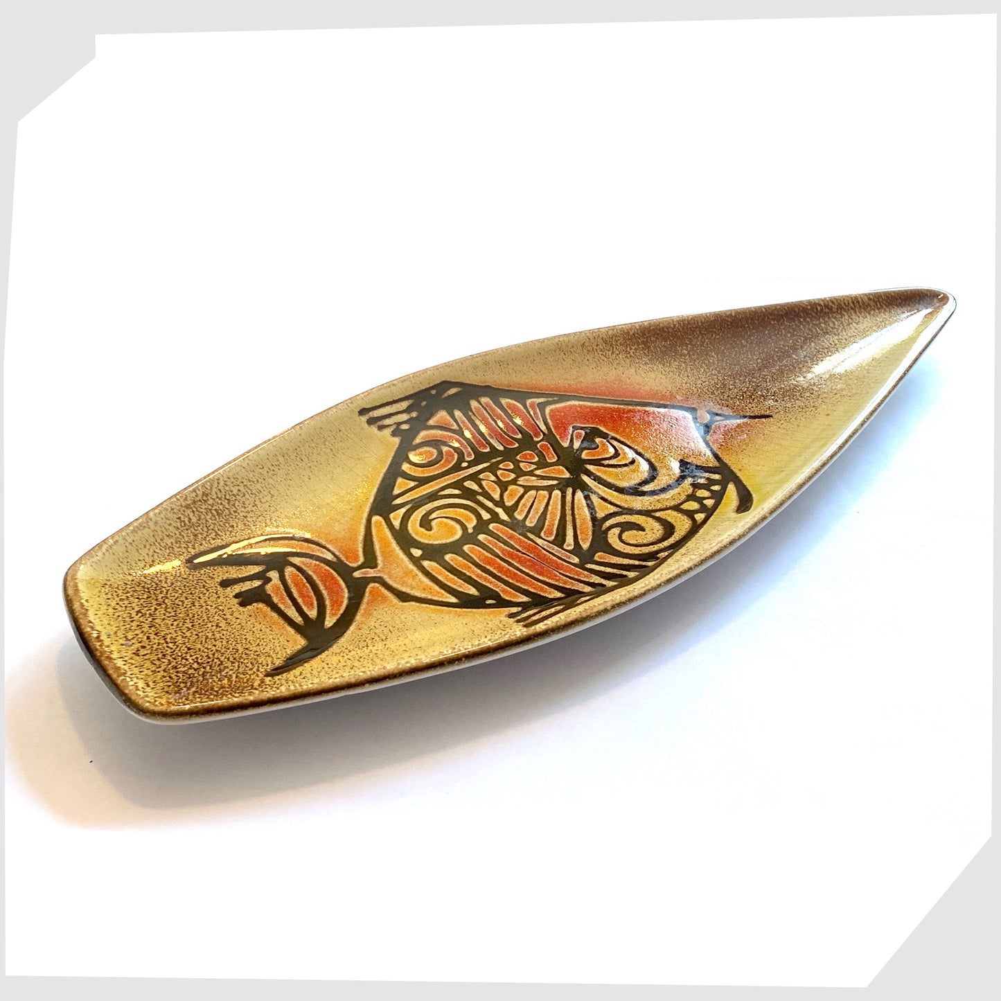 poole pottery aegean spear dish, shape 82, with fish design in yellow and orange glaze