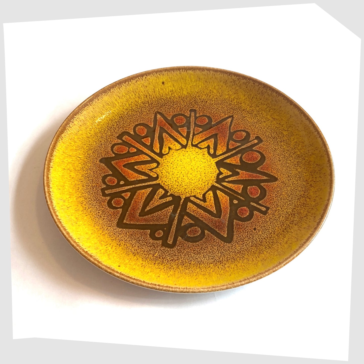 Vintage 1970s Poole Pottery Aegean Plate (10" diameter) in a rich yellow glaze with orange and brown circular design