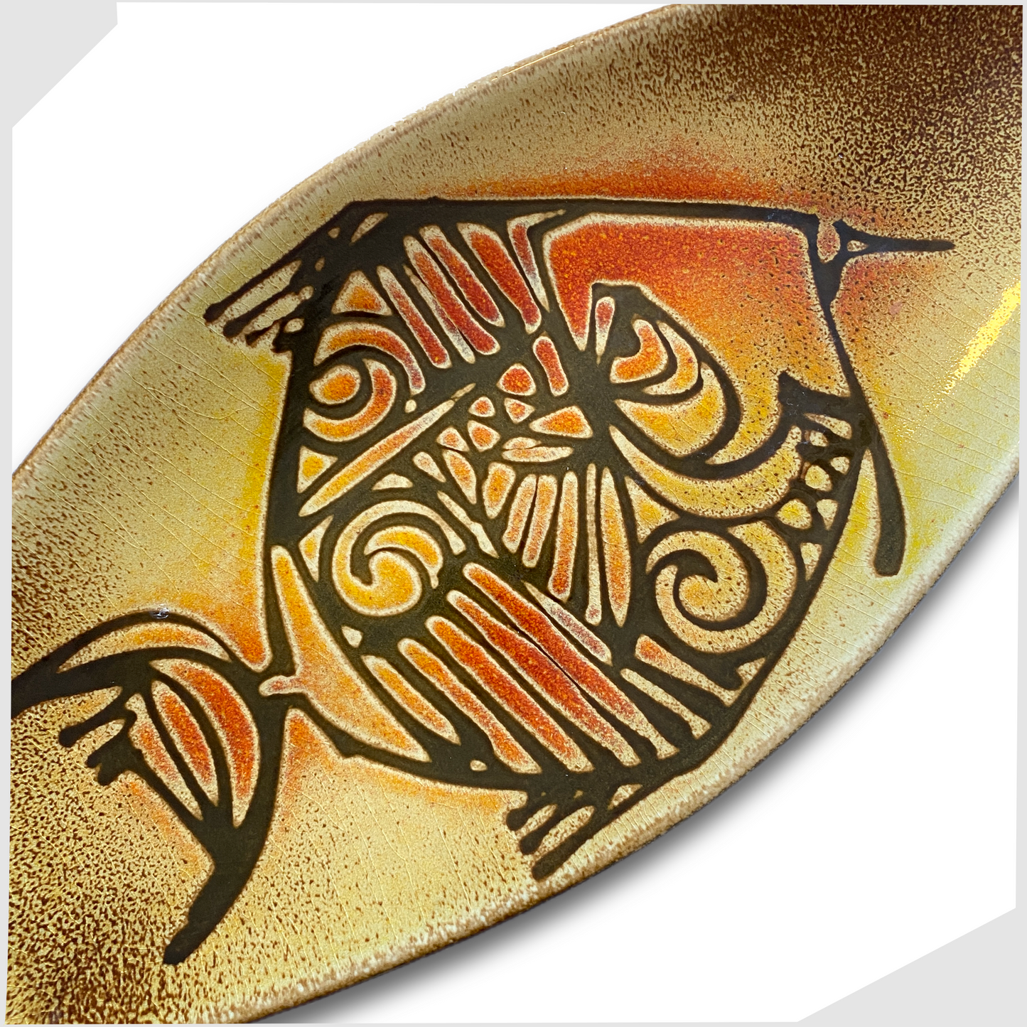 poole pottery aegean spear-shaped dish, shape 82, with fish design in yellow and orange glaze