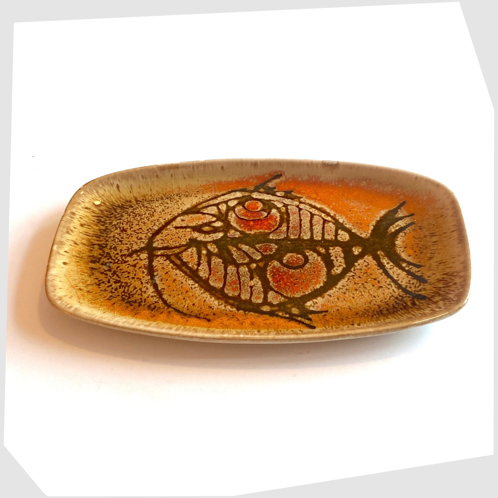 1970s Poole Pottery Shape 361 Pin Dish by Diana Davis, finished in the Aegean colour way with a striking fish design 
