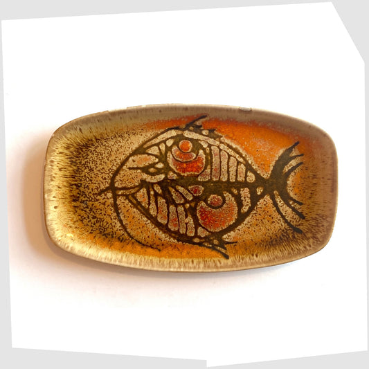 Poole Pottery Shape 361 Pin Dish by Diana Davis, finished in the Aegean colour way with a striking fish design 