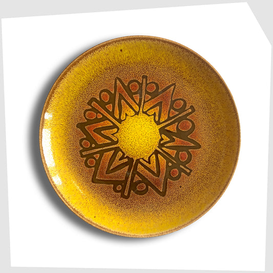 Poole Pottery Aegean Plate (10" diameter) in a rich yellow glaze with orange and brown circular design