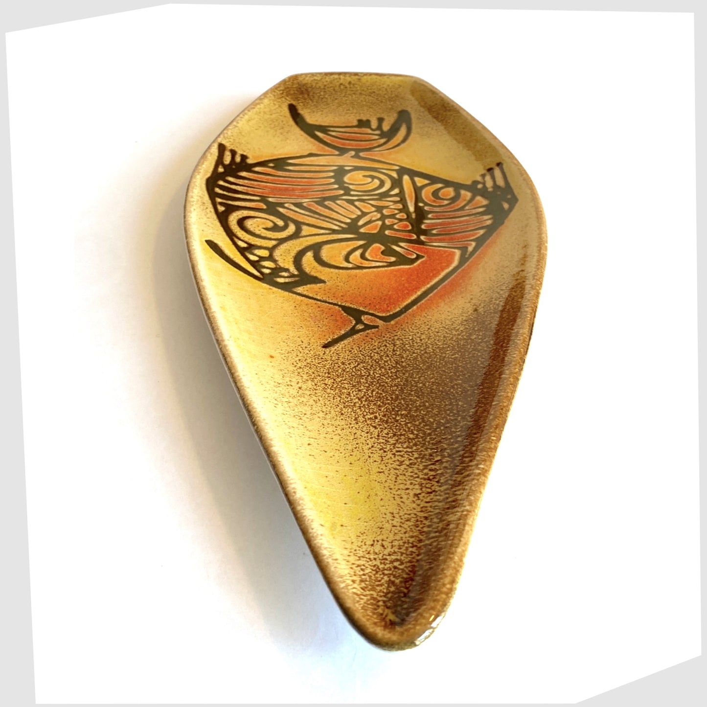 vintage poole pottery aegean spear dish, shape 82, with fish design