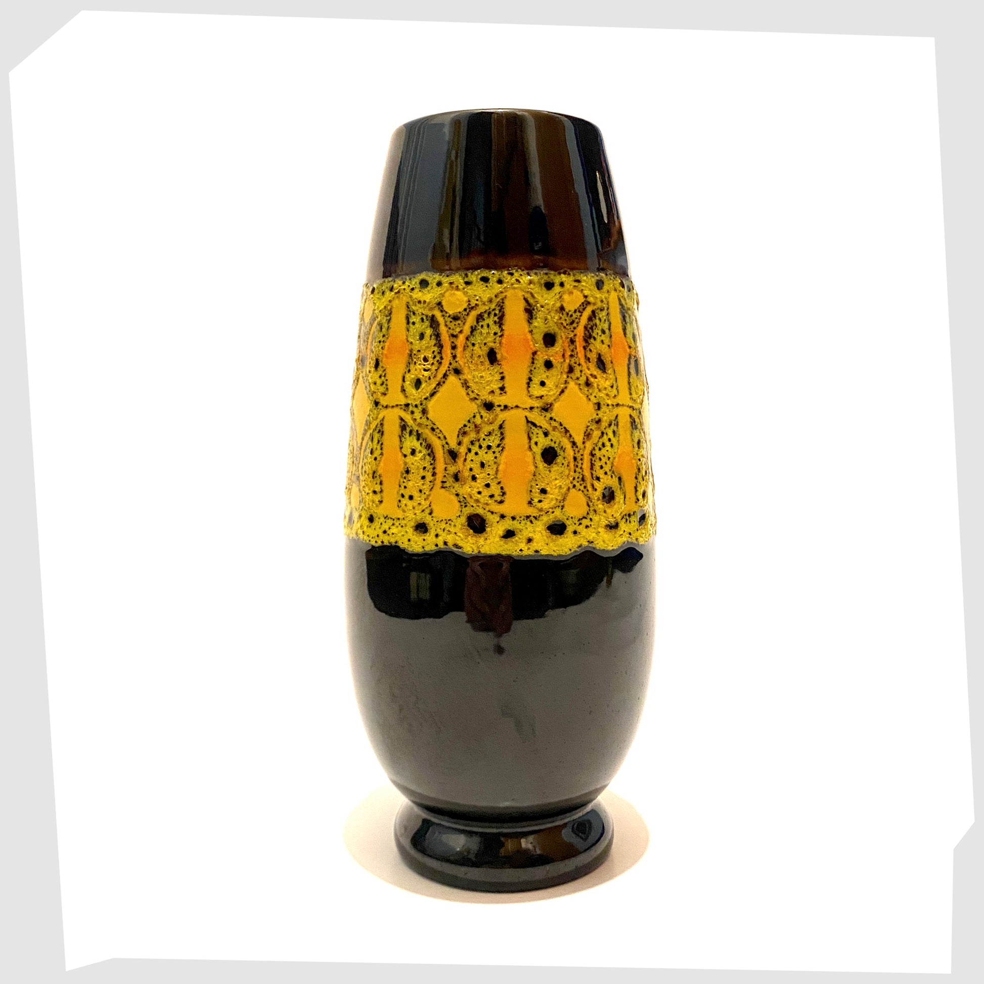 poole pottery vase, shape 15, with yellow and orange aegean glazing framed in a chestnut brown glaze.