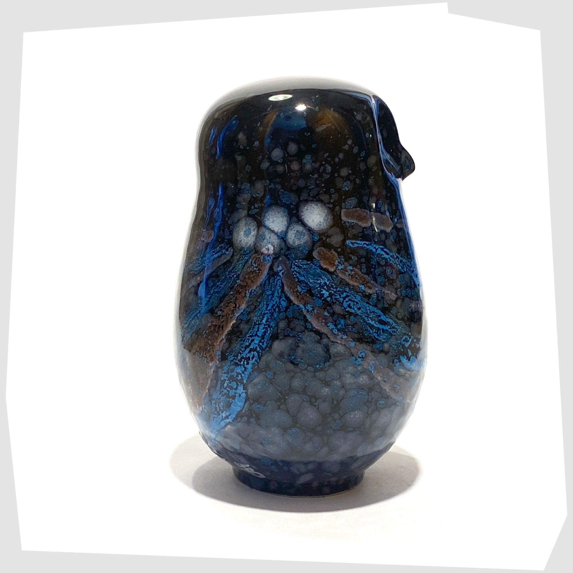 poole pottery large owl ornament in the celestial glaze of black, blue and violet
