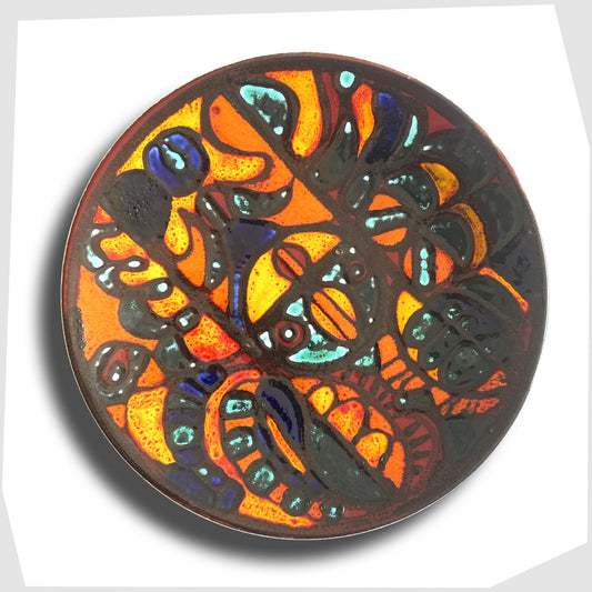 14"  Poole Pottery Charger by Sally Murch, finished in a glaze of vivid orange, blue and green forms