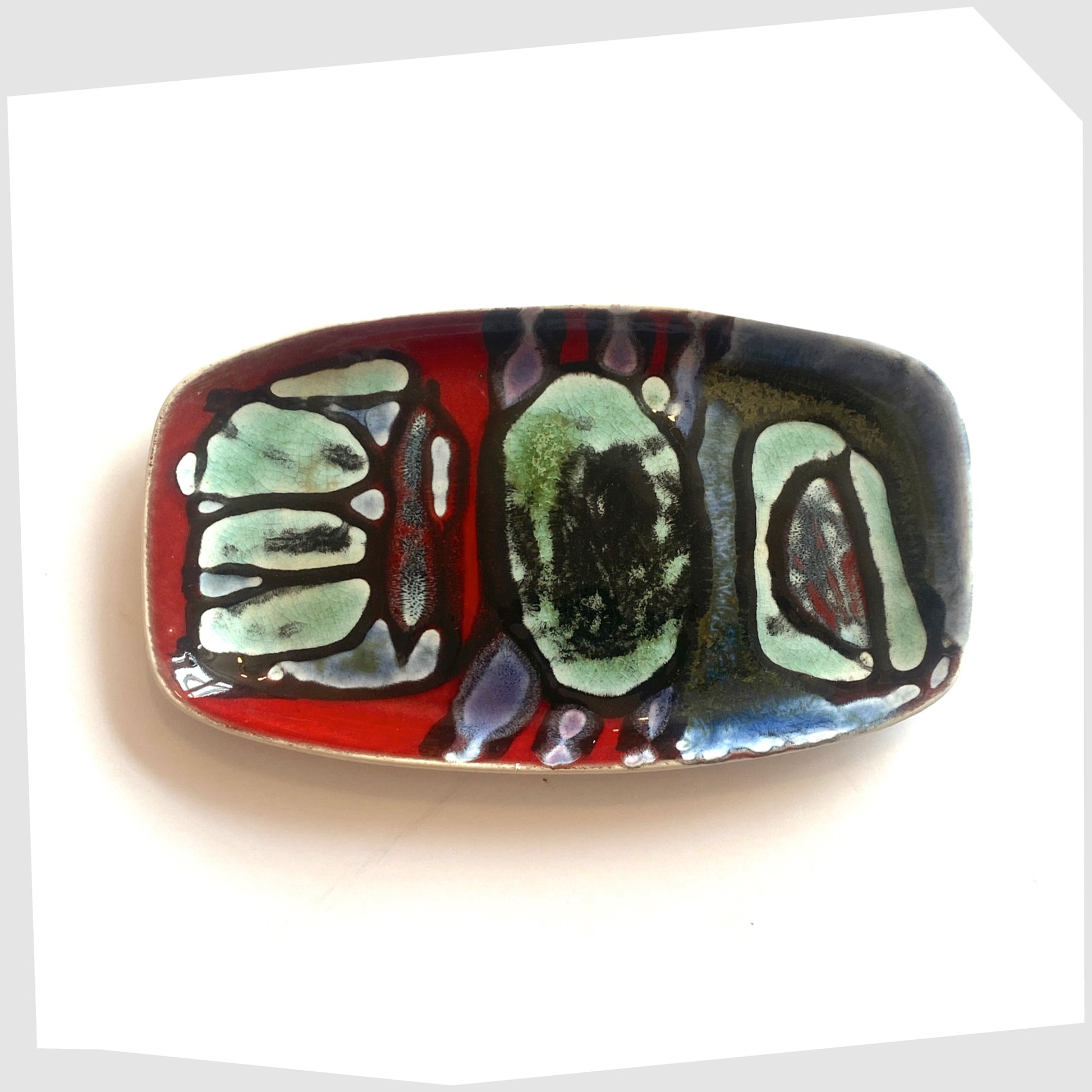 Poole Pottery Delphis Pin Dish, Shape 361, by Angela Wyburgh in an artistic multicoloured glaze of red, blue and turquoise