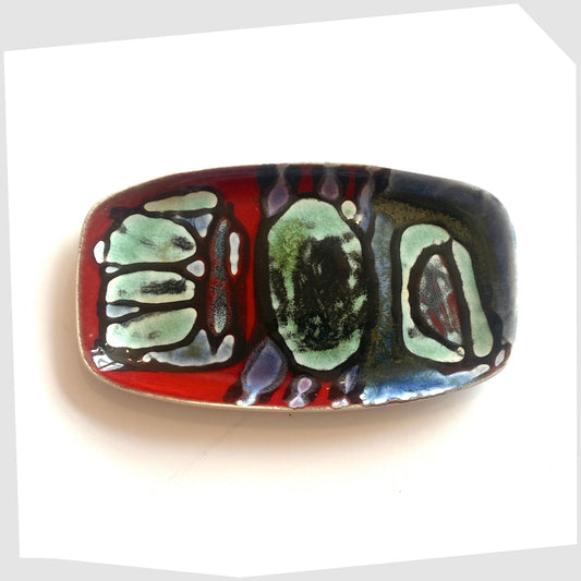 Poole Pottery Delphis Pin Dish, Shape 361, by Angela Wyburgh in an artistic multicoloured glaze of red, blue and turquoise