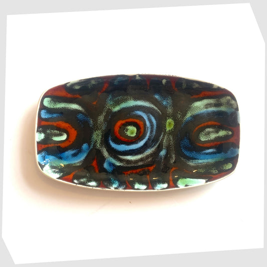 Poole Pottery Delphis Dish, Shape 361, by Jean Millership in a striking multicoloured glaze of radiating lines