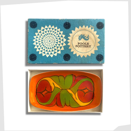 poole pottery delphis pin dish, shape 361, in a rich orange glaze with flowing forms of red green and yellow- shown with its original retail box