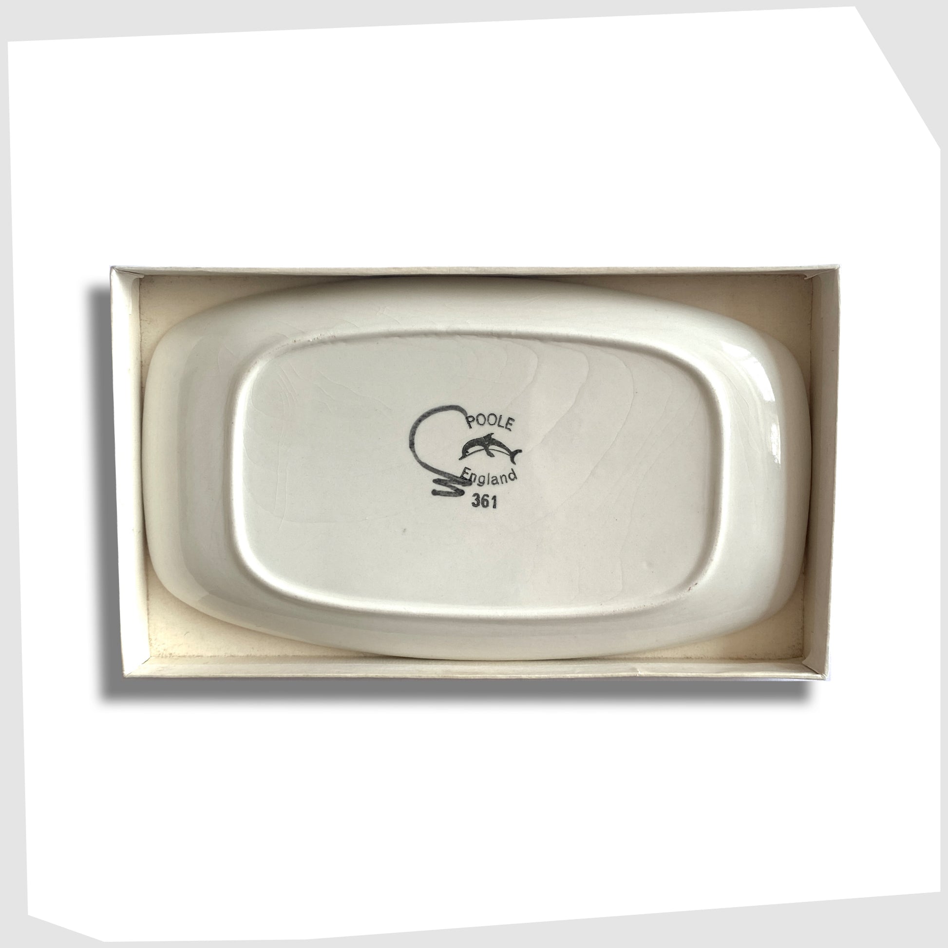 rear stamp of the poole pottery delphis pin dish, shape 361, in a rich orange glaze with flowing forms of red green and yellow