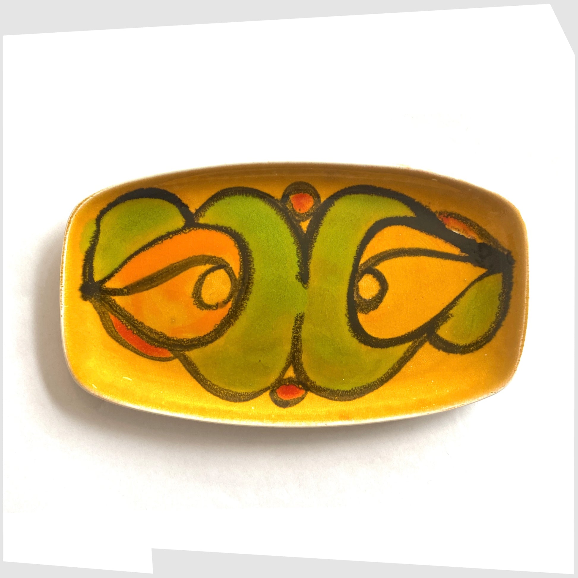 poole pottery delphis pin dish by cynthia bennett. Yellow and green delphis glazed pin dish