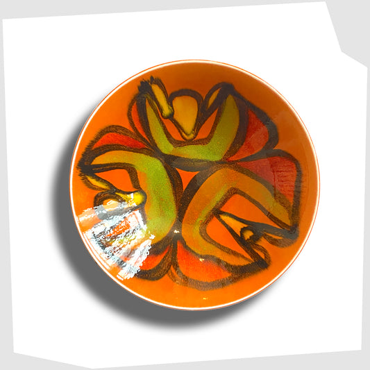 Poole Pottery Delphis Bowl, shape 56, by Cynthia Bennett, glazed in a vivid orange with arching forms of green, red, yellow and green.