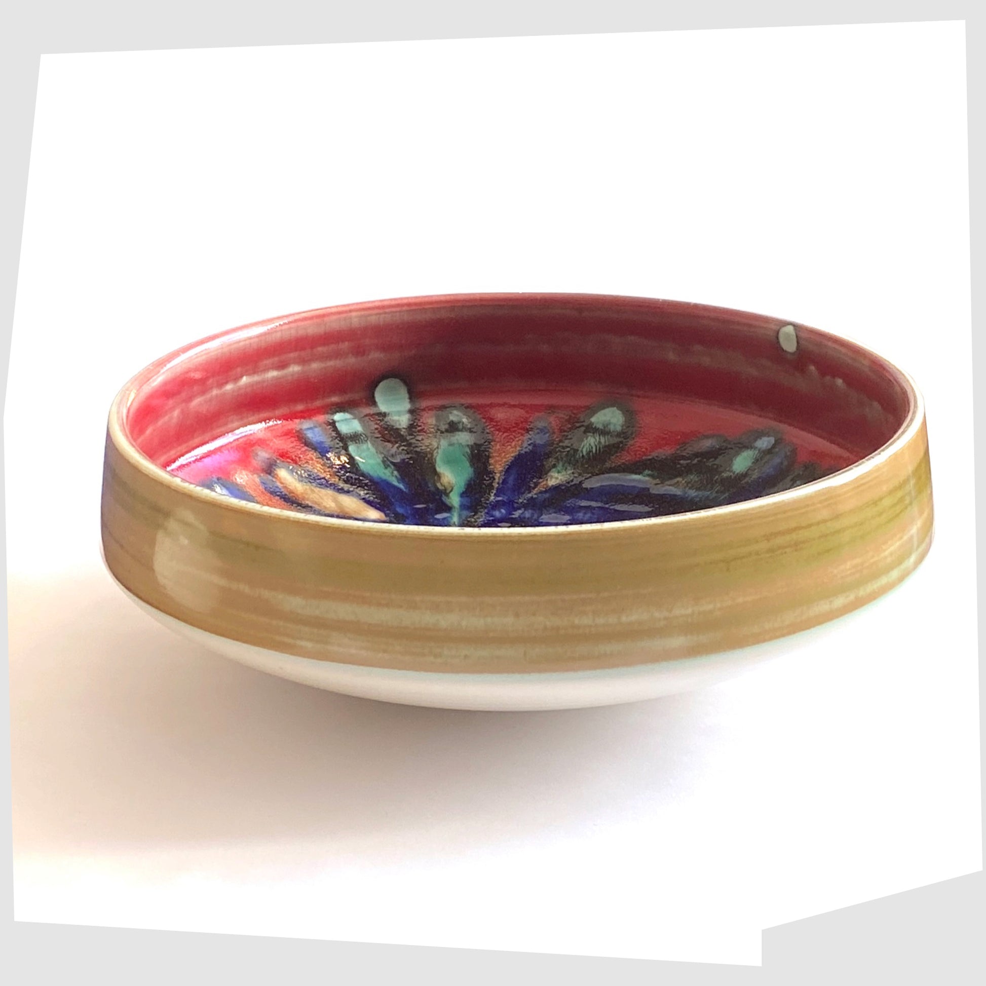 vintage Poole Pottery 11" Bowl in an artistic Delphis glaze of red, cobalt blue and turquoise
