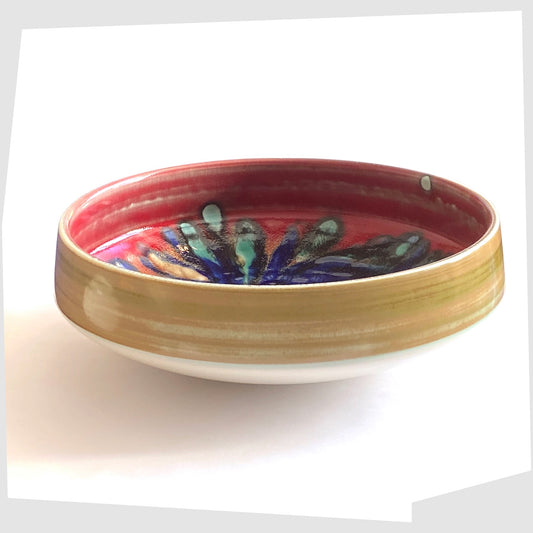 vintage Poole Pottery 11" Bowl in an artistic Delphis glaze of red, cobalt blue and turquoise