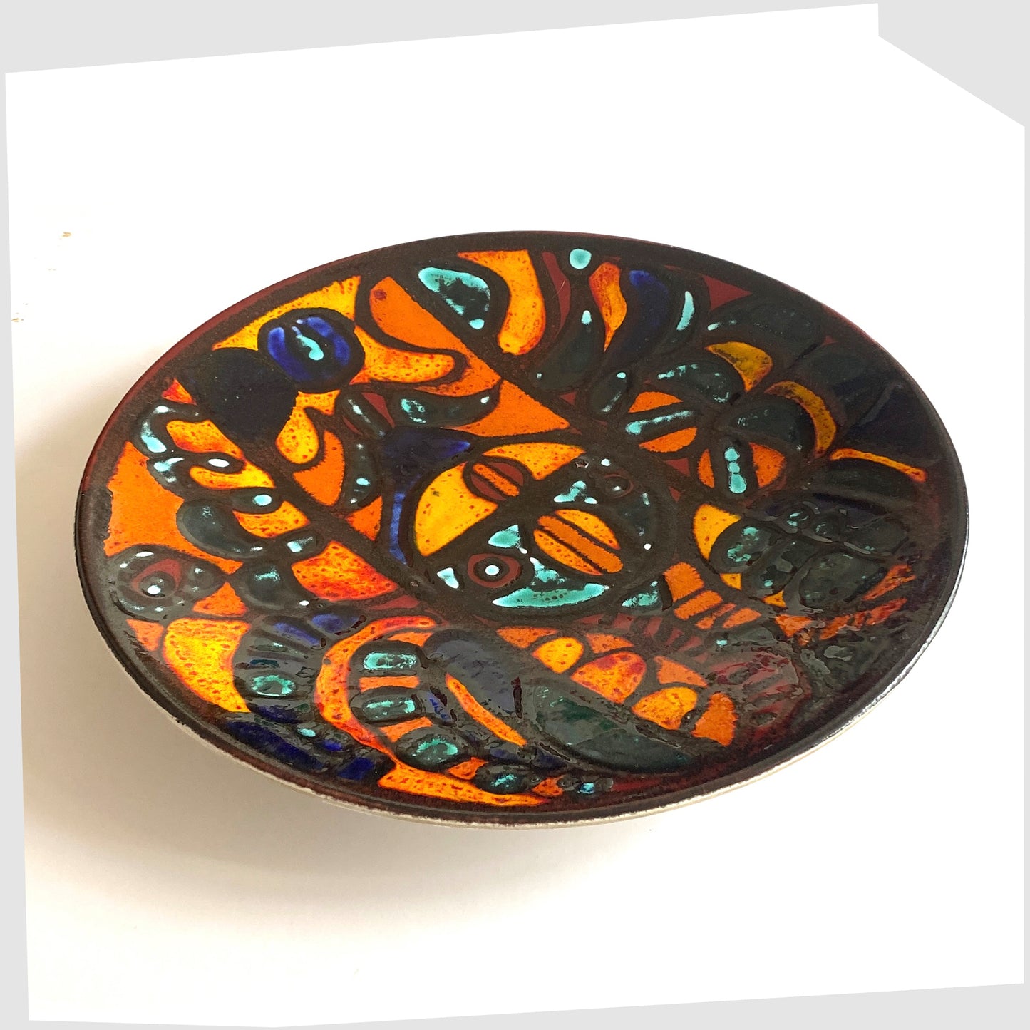 1960s Poole Pottery Charger (14" size) by Sally Murch, finished in a glaze of vivid orange, blue and green forms