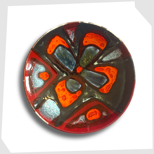 Vintage Poole Pottery Delphis Dish, shape 3, by Carol Cutler, finished in a vibrant orange and red glaze with fluid forms of blue and warm grey