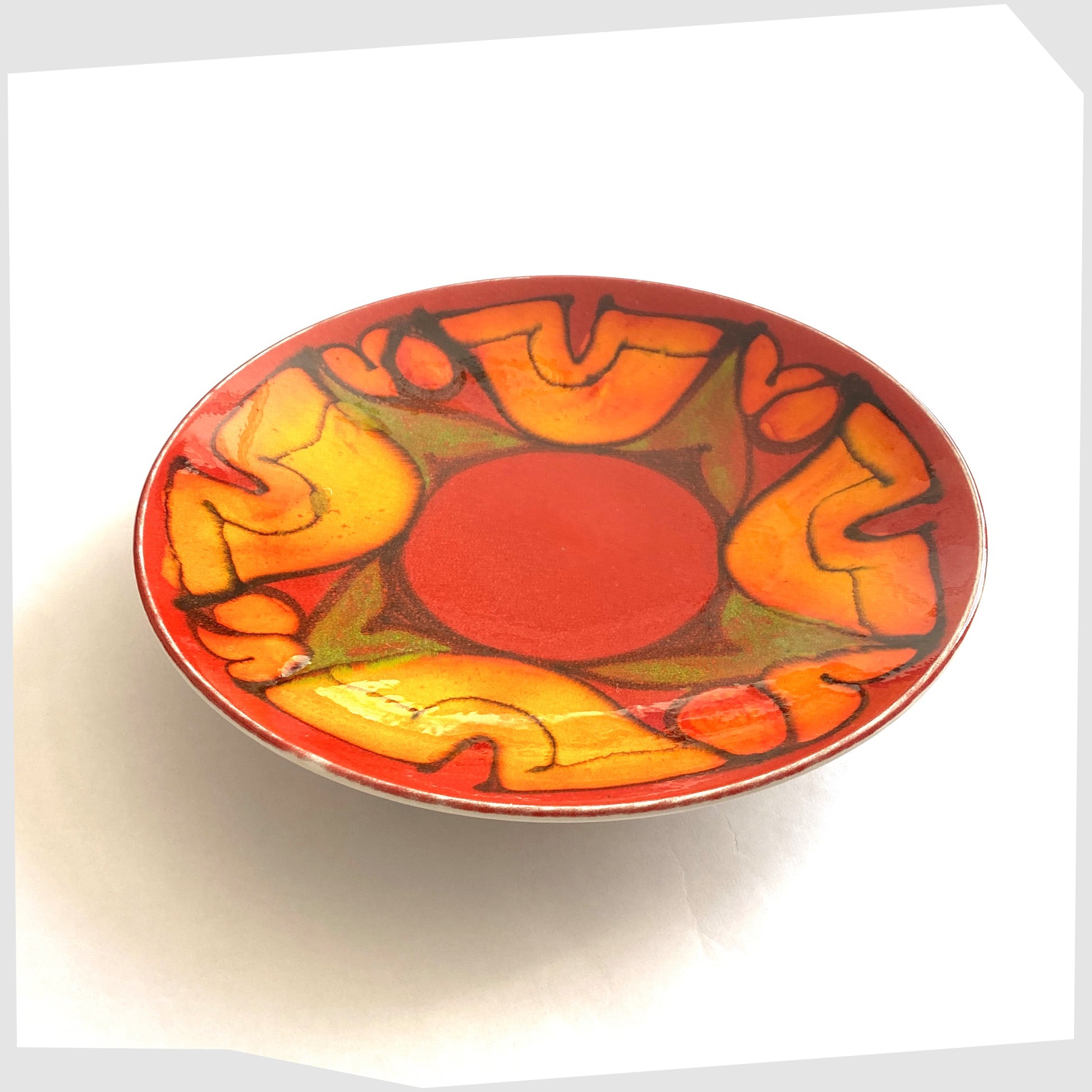 vintage 1960s Poole Pottery in the Delphis glaze of red with orange and green forms