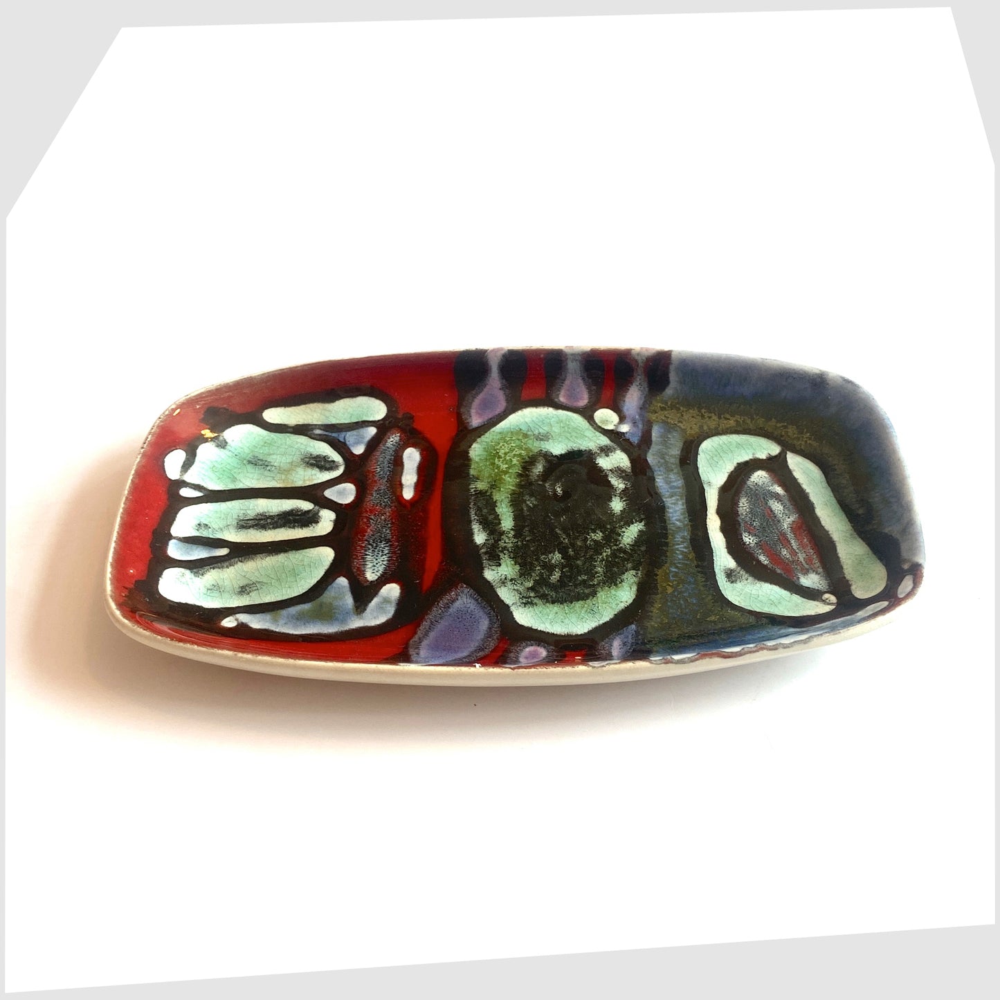 1970s Poole Pottery Delphis Pin Dish, Shape 361, by Angela Wyburgh in an artistic multicoloured glaze of red, blue and turquoise