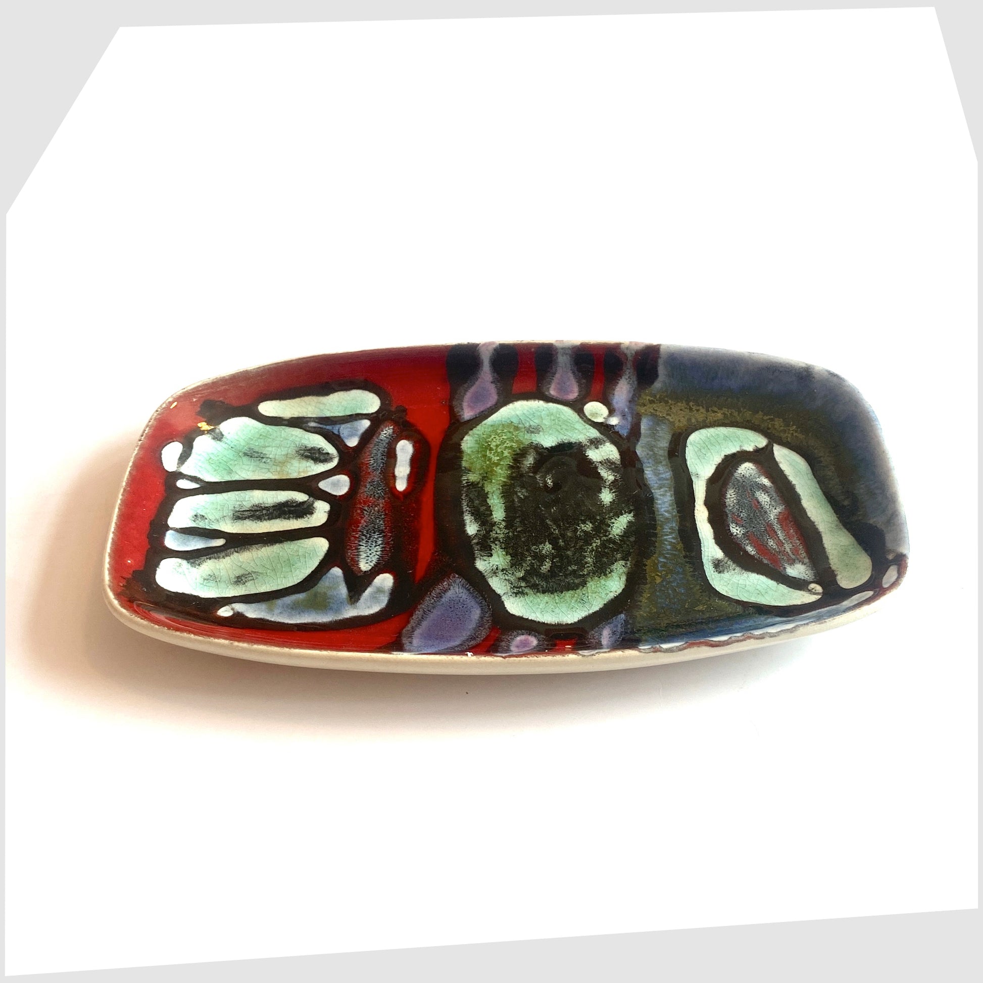 1970s Poole Pottery Delphis Pin Dish, Shape 361, by Angela Wyburgh in an artistic multicoloured glaze of red, blue and turquoise