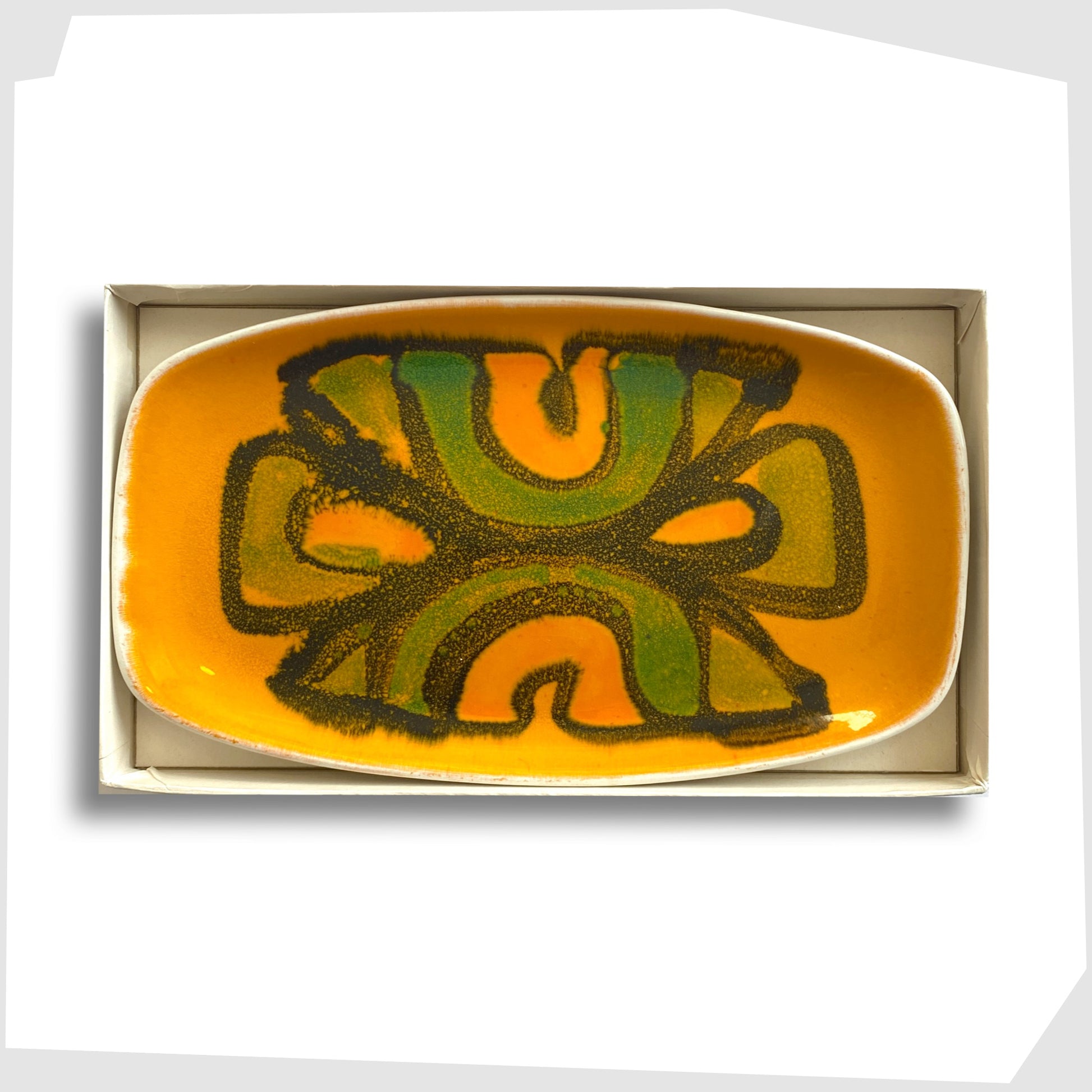 vintage poole pottery yellow delphis dish, shape 361, glazed in a rich yellow with green and orange forms, shown in its original retail packagaing