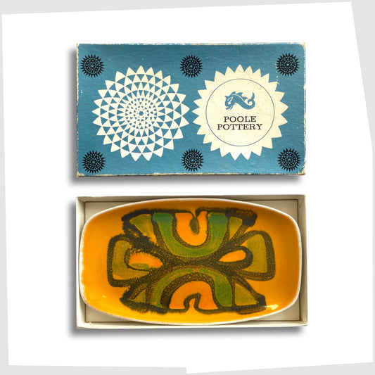 vintage poole pottery yellow delphis dish, shape 361, in its original retail box