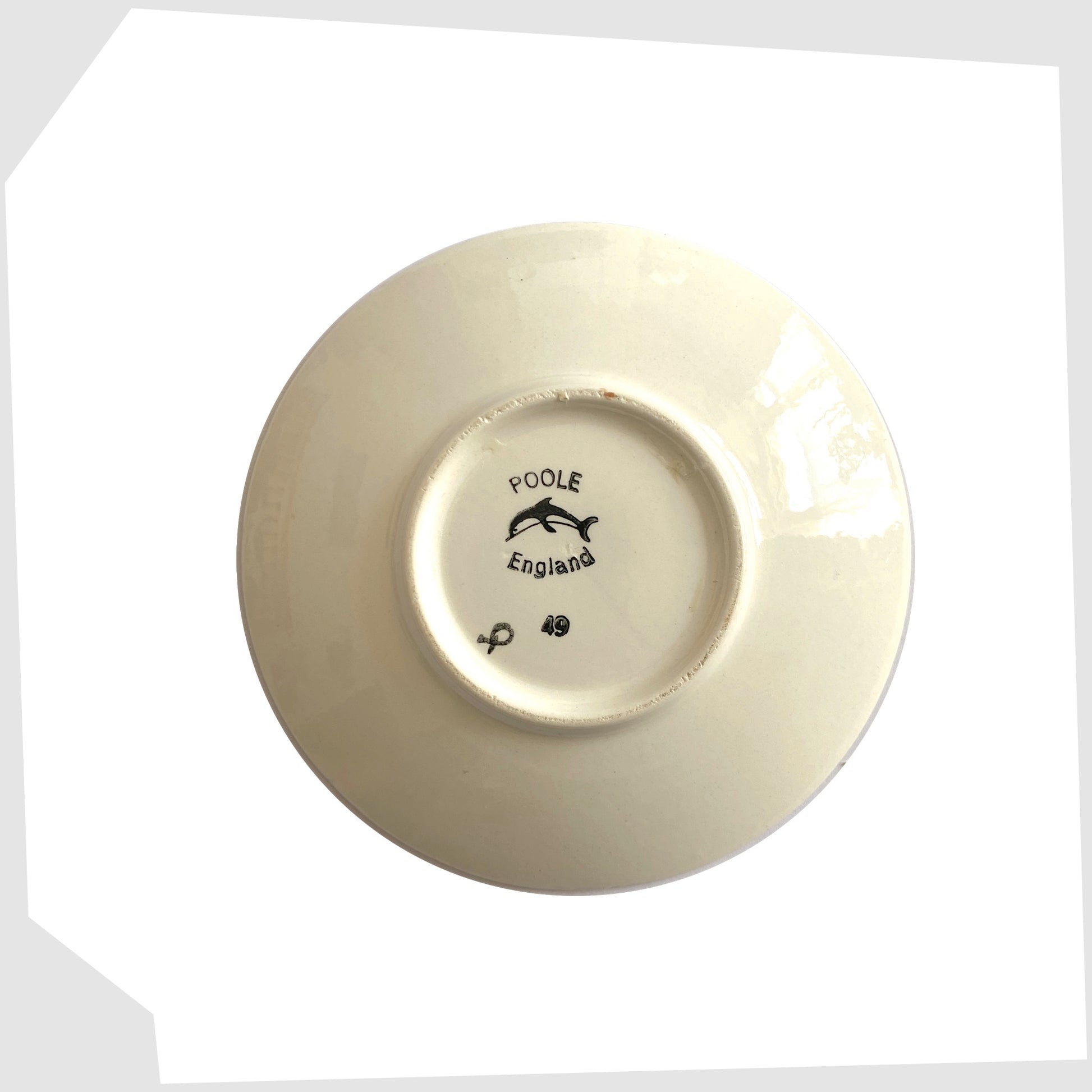 base markings of the Poole Pottery Delphis Pin Dish by Patricia Wells in rich red with lines of warm grey
