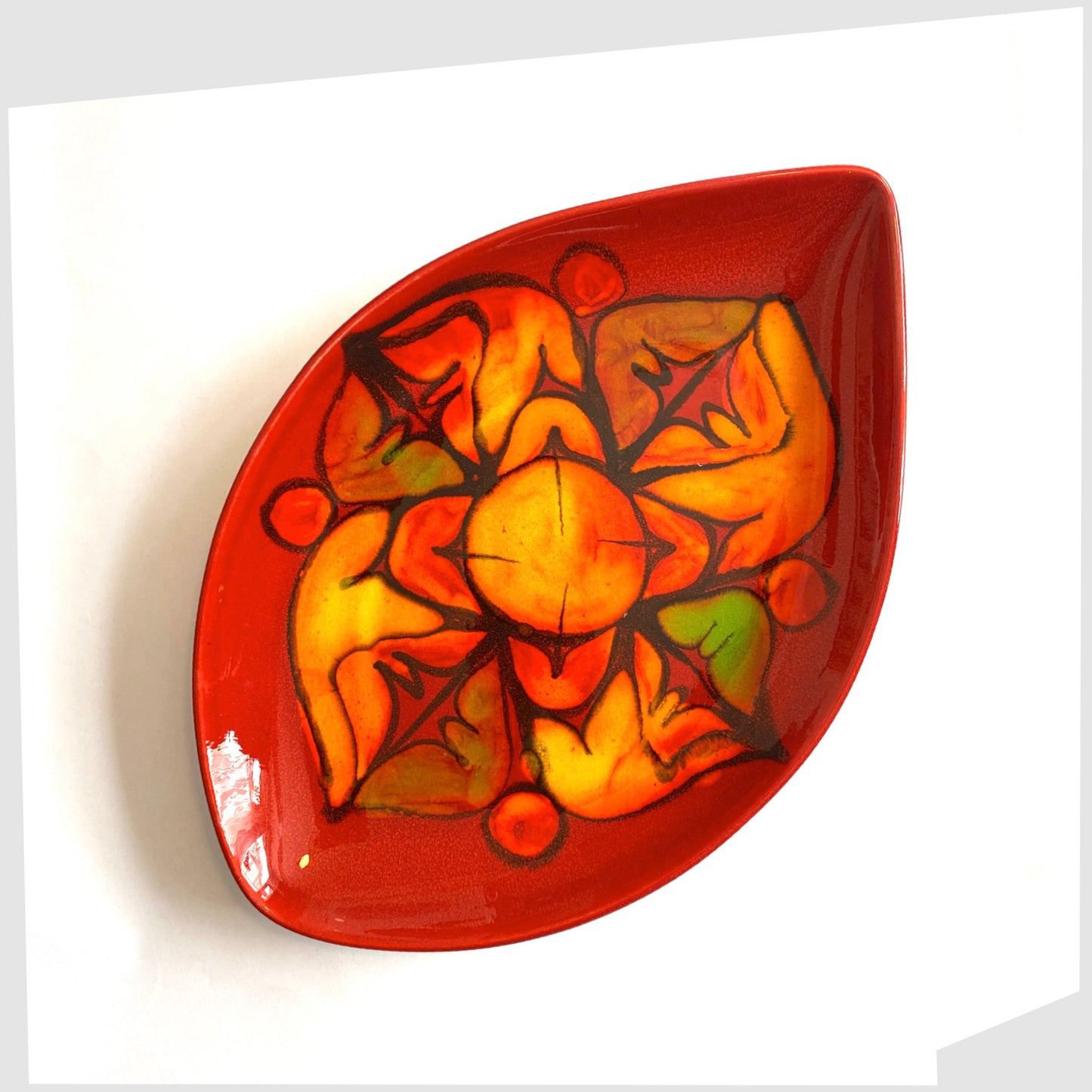vintage poole pottery delphis teardrop dish in vivid red glaze with orange and green forms