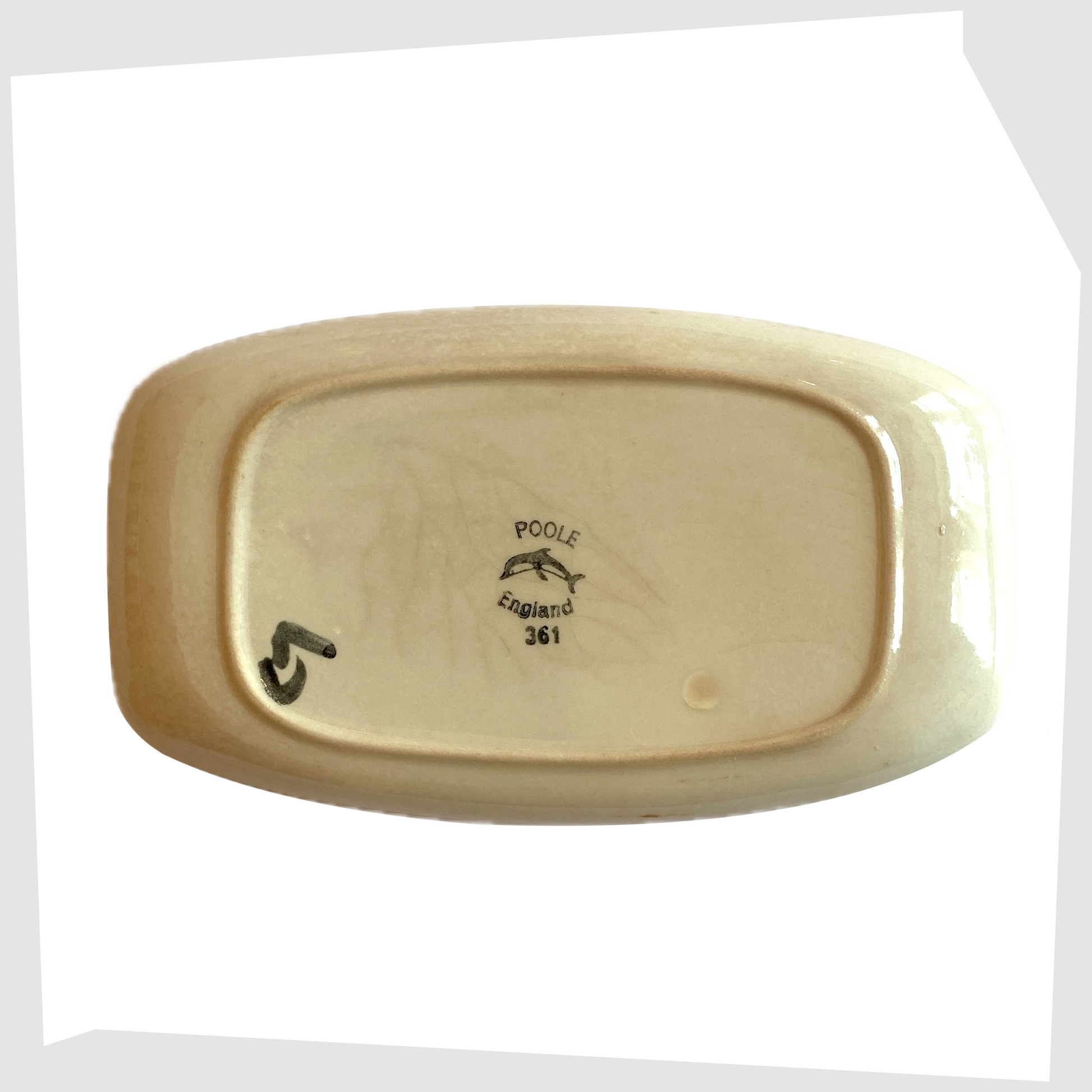 Rear markings of the Poole Pottery Delphis Dish, Shape 61, by Gillian Taylor, showing the Poole dolphin loo alongside Gillian Taylor's GT monogram.