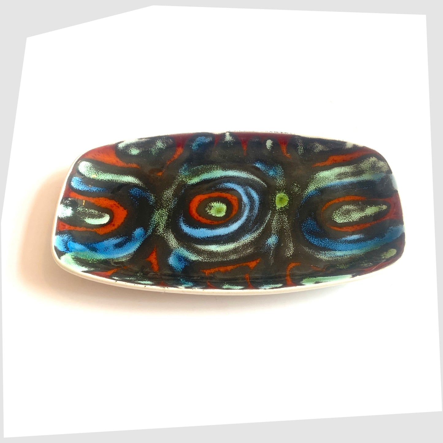 1960s Poole Pottery Delphis Dish, Shape 361, by Jean Millership in a striking multicoloured glaze of radiating lines