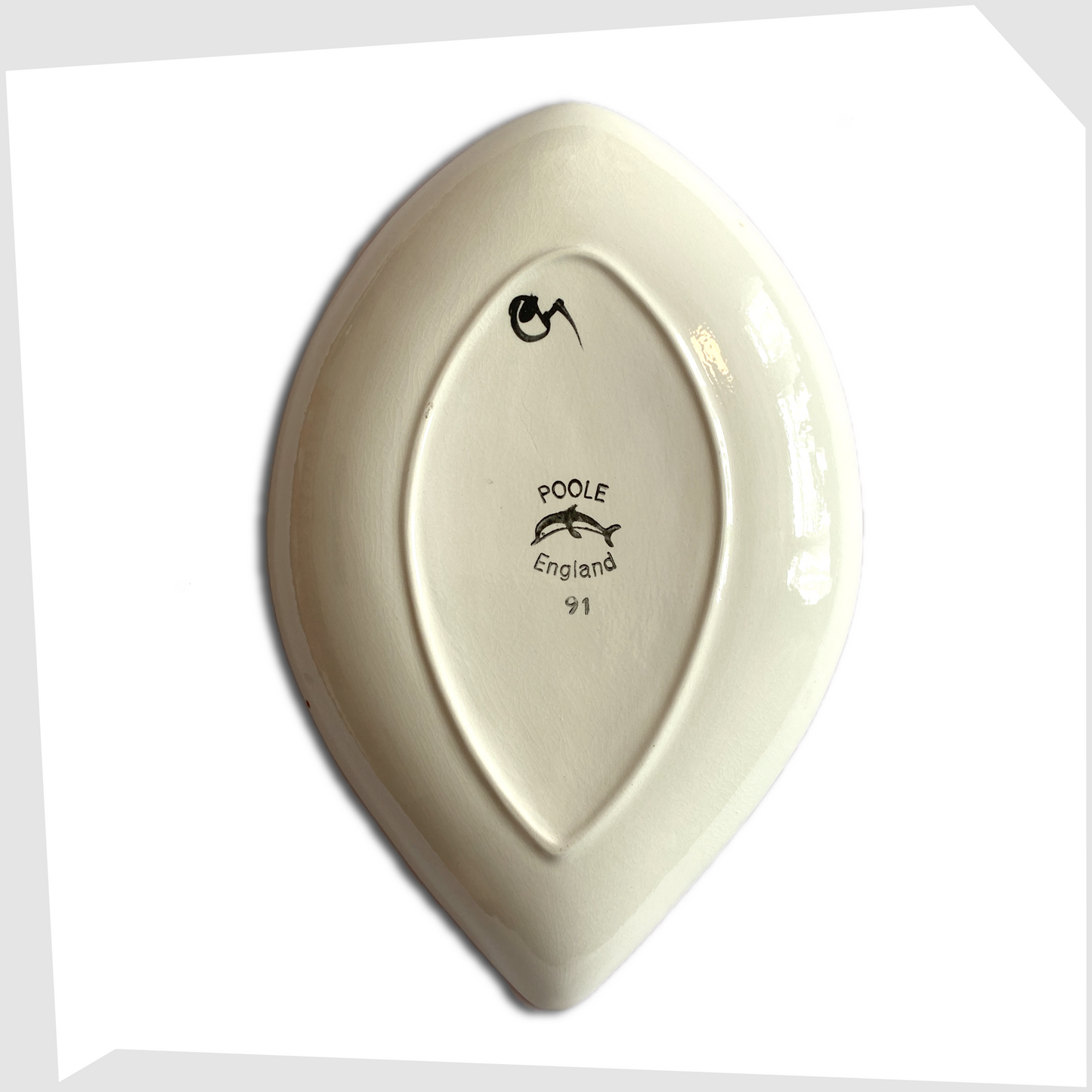 rear marks of the poole pottery delphis teardrop dish, shape 91