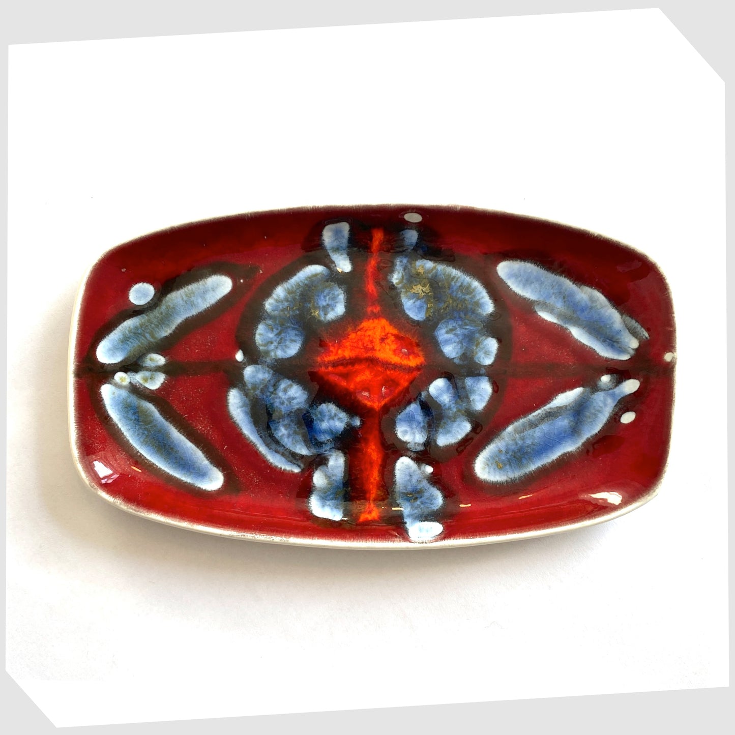 vintage Poole Pottery Delphis Dish in rich red and sky blue glaze