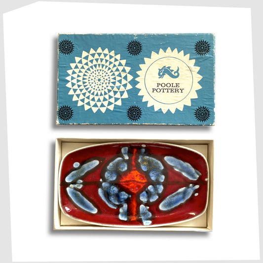vintage Poole Pottery Delphis Dish in rich red and sky blue glaze, complete with its original box