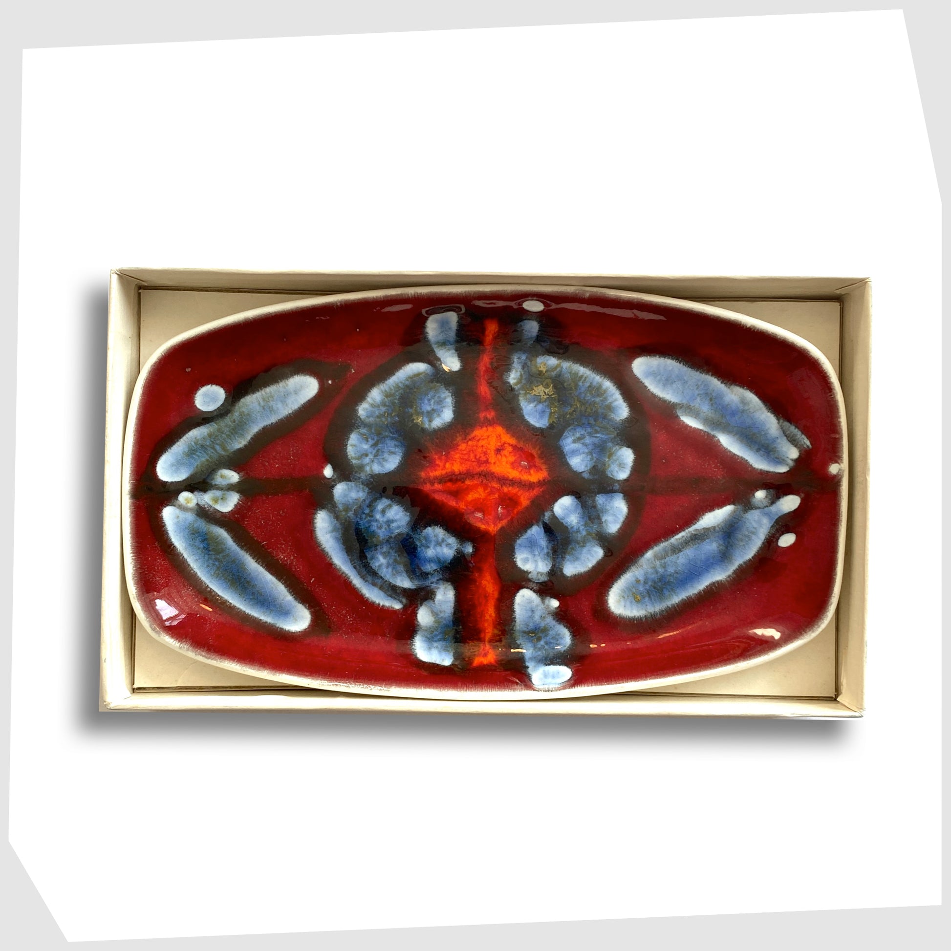 vintage Poole Pottery Delphis Dish in rich red and sky blue glaze, shown in its original box