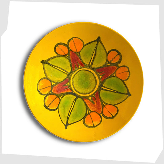 poole pottery arge dish, shape 4, finished in the delphis glaze of mustard yellow with green, red and orange forms