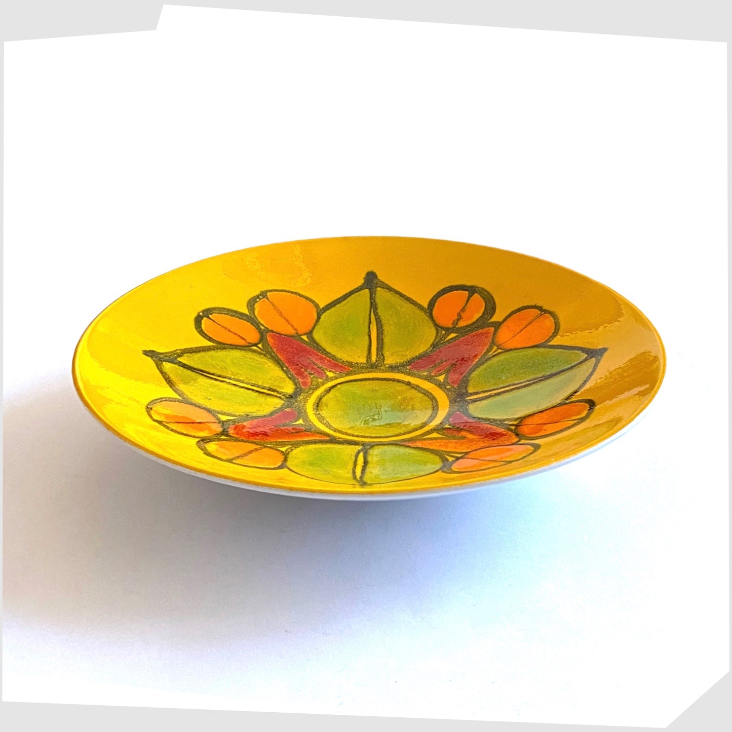 poole pottery delphis dish, shape 4, finished in a delphis glaze of mustard yellow with green and orange floral forms