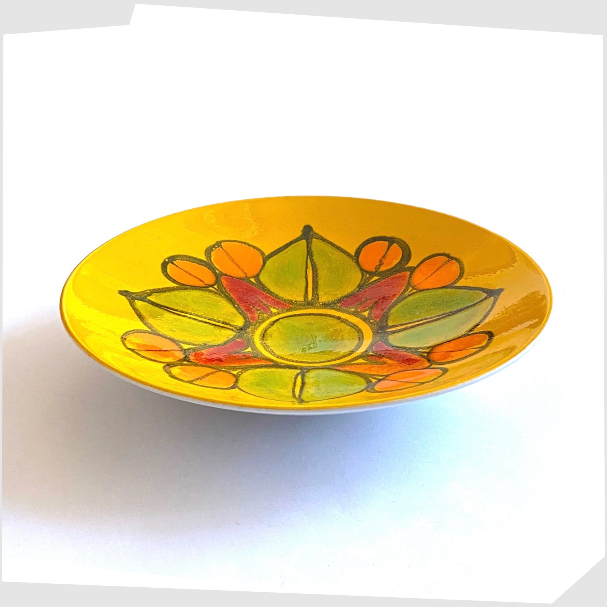 poole pottery delphis dish, shape 4, finished in a delphis glaze of mustard yellow with green and orange floral forms