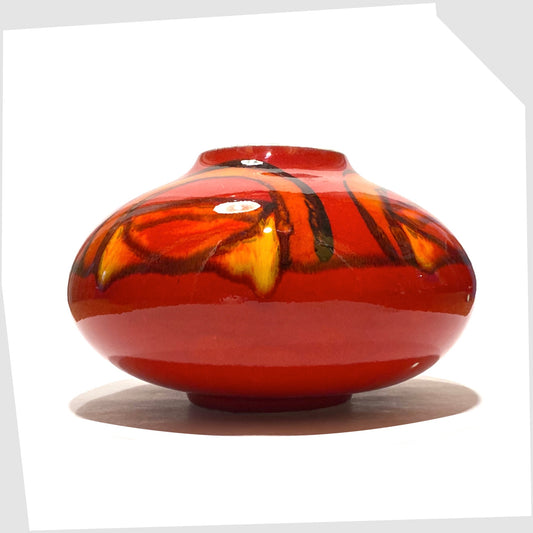 Poole Pottery Onion Vase, Shape 32, finished in a red and orange Delphis glaze by Lyn Gregory