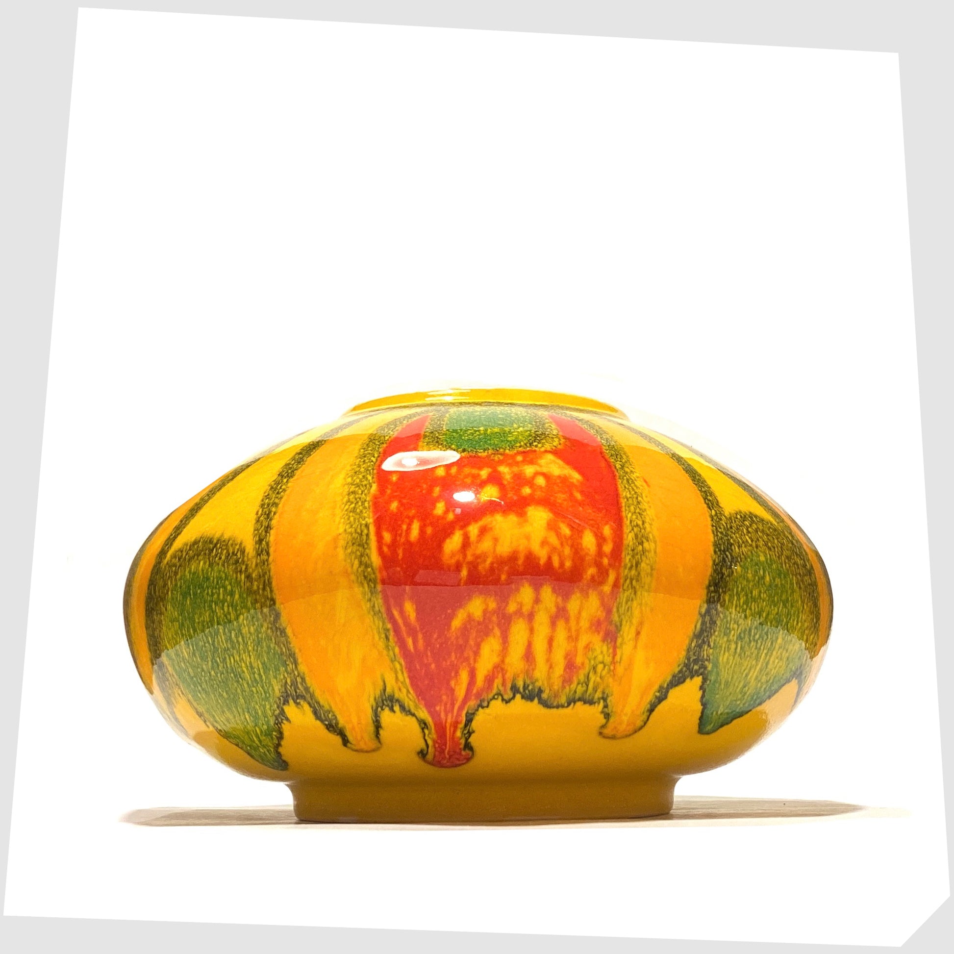 vintage Poole Pottery Onion Vase, Shape 32, by Gillian Taylor in a vivid yellow glaze with abstract forms of orange, red and green