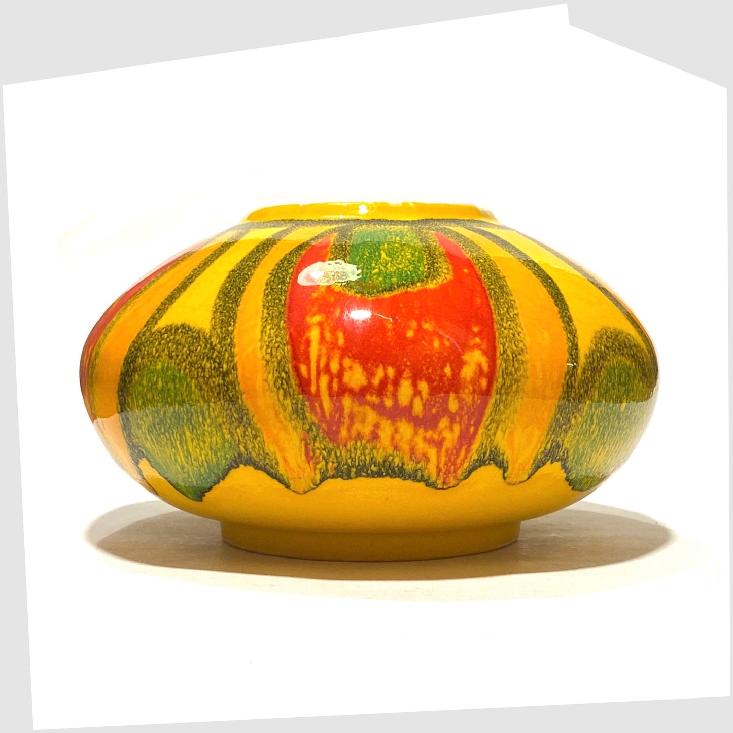 Poole Pottery Onion Vase, Shape 32, by Gillian Taylor in a vivid yellow glaze with abstract forms of orange, red and green